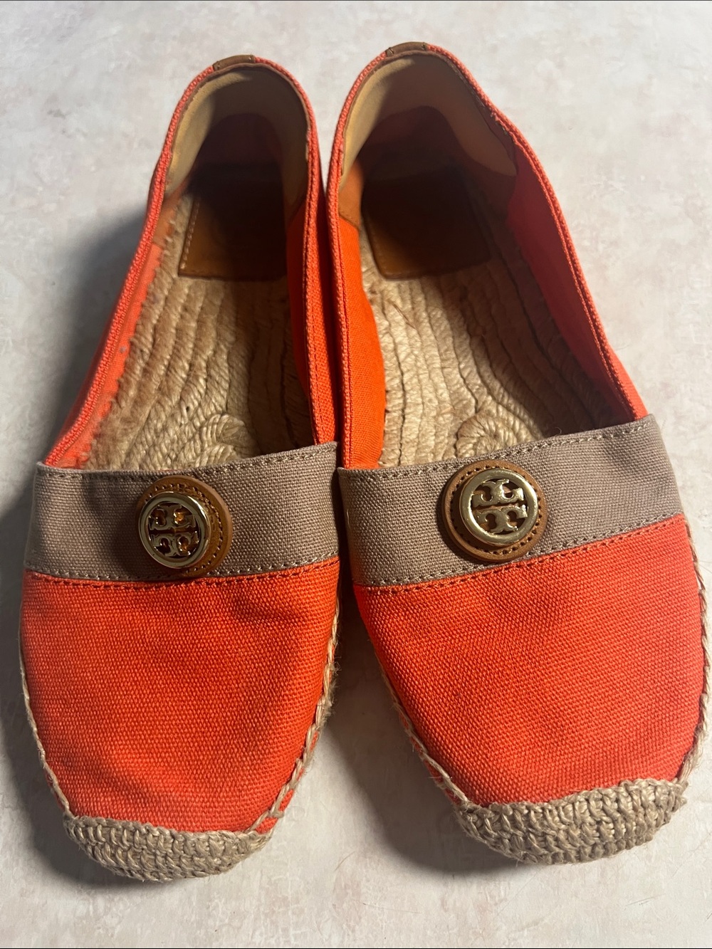 Tory Burch Orange Canvas Espadrilles with Tan Trim & Logo Medallion